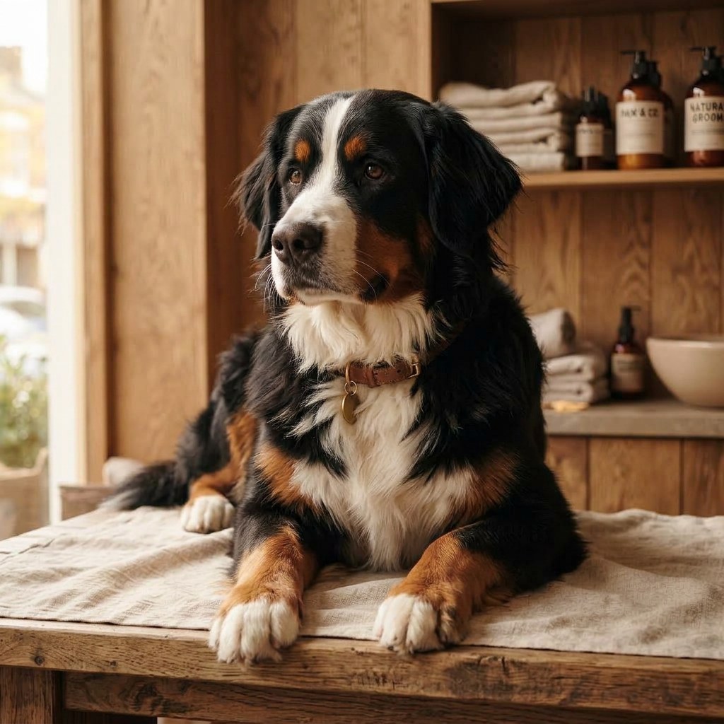 Illustratief portret van een Berner sennenhond op een verzorgingstafel